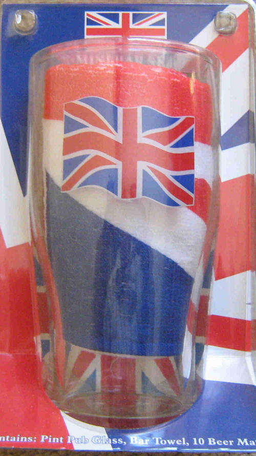 Union Jack mini bar set. 1 each pint glass with logo, towel and 10 drink coasters