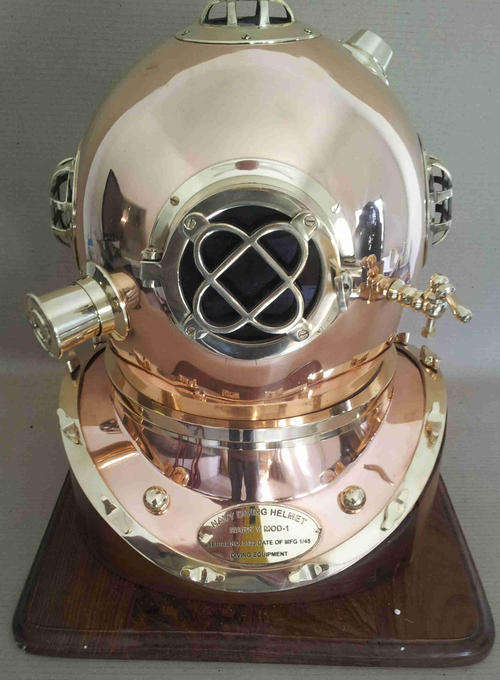 Nautical divers helmet. solid copper and brass mounted on wood base. please scroll down  nb5