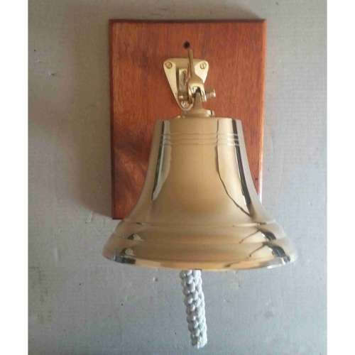 Solid brass ship, motivational bell 25cm diameter, sales bell. Wall mounted on solid wood
