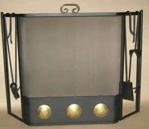 Free standing Gothic spark guard with 4 fireplace tools. 100cm