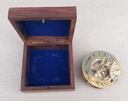 Brass sundial compass in a rosewood box