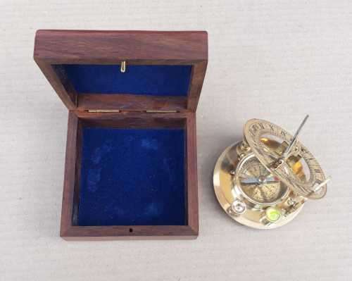 Brass sundial compass in a rosewood box