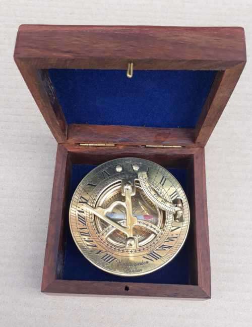 Brass sundial compass in a rosewood box