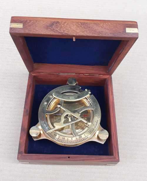 Sundial compass brass in solid rosewood and brass box