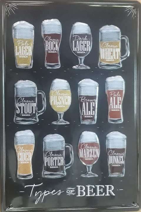 Types Of Beer Embossed Metal Sign.