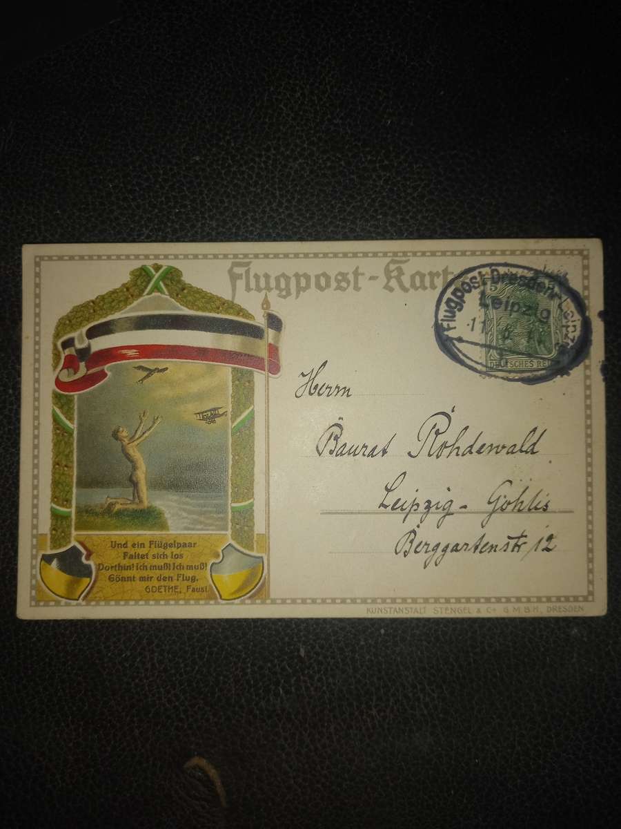 Vintage postcard 1914 Germany flugpost karte dresden to liepzig