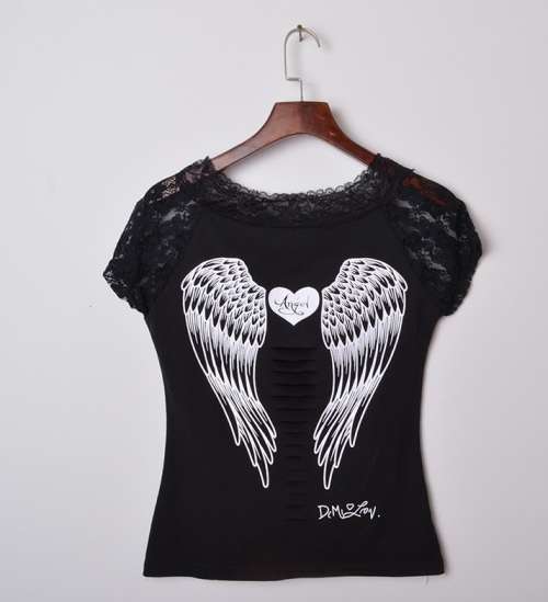 Hollow out shirt Angel Wings T Shirt Woman Short Sleeve Lace