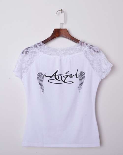 Hollow out shirt Angel Wings T Shirt Woman Short Sleeve Lace