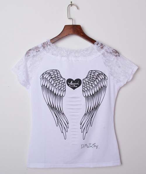 Hollow out shirt Angel Wings T Shirt Woman Short Sleeve Lace