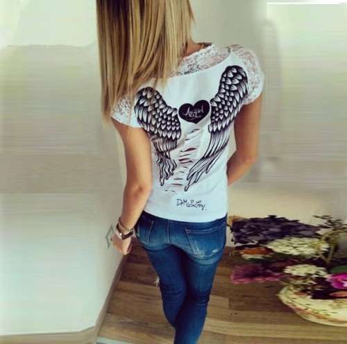 Hollow out shirt Angel Wings T Shirt Woman Short Sleeve Lace