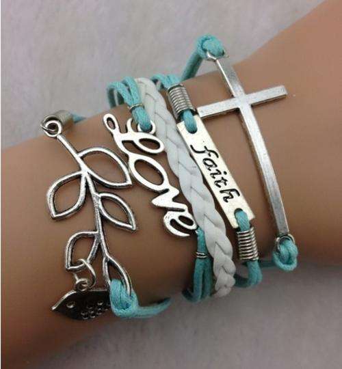 Bracelet-faith, love,cross & love bird Charm