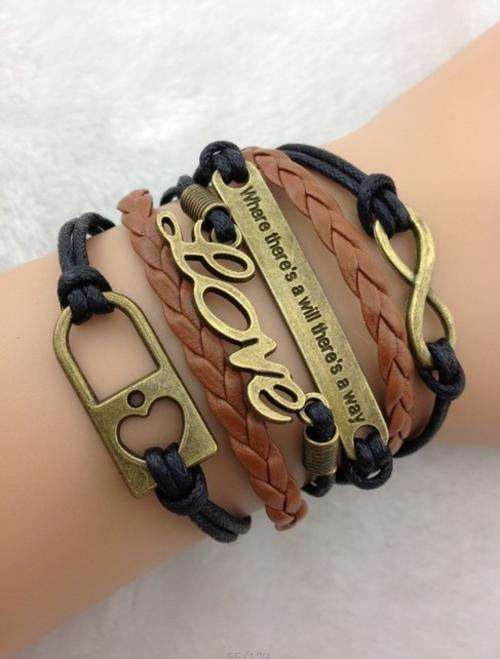 Bracelet-Infinity,"where theres a will theres a way", love and heart lock charm