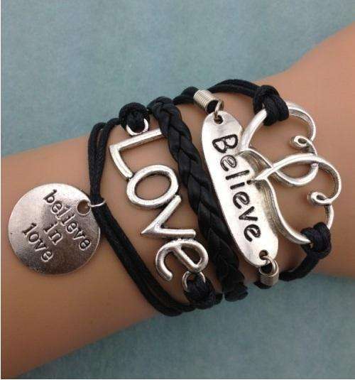 Bracelet- -Double hearts, believe, love and "believe in love" Charm