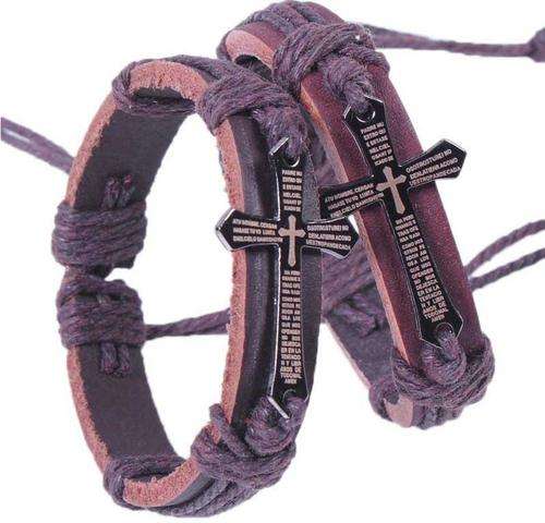 Bracelet- Adjustable Leather Bracelet, Cross with scripture-Brown