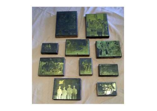 Collection of hot metal (lead) - mounted on wood - printing plates of old army photos