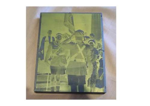 Collection of hot metal (lead) - mounted on wood - printing plates of old army photos