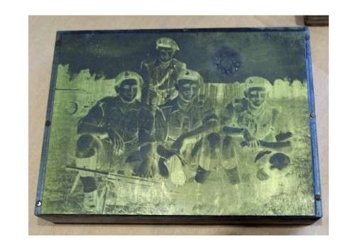 Collection of hot metal (lead) - mounted on wood - printing plates of old army photos