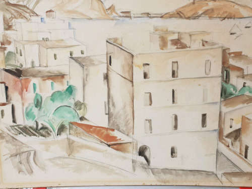 Mixed Media Original Watercolor Mediterranean Scene