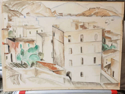 Mixed Media Original Watercolor Mediterranean Scene