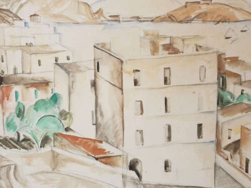 Mixed Media Original Watercolor Mediterranean Scene