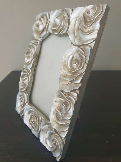 Stunning Free Standing Cast Rose Picture frame Holder in Antique Silver finish.