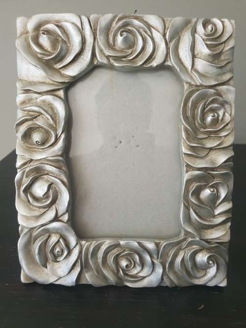 Stunning Free Standing Cast Rose Picture frame Holder in Antique Silver finish.