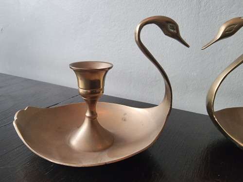 Stunning Pair Solid Brass Candlestick Holder Swans!!