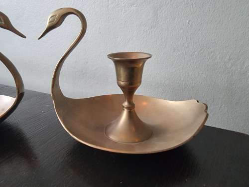 Stunning Pair Solid Brass Candlestick Holder Swans!!