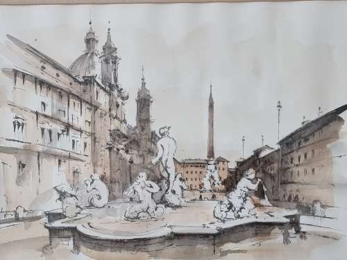 Fontana del Moro, Piazza Navona, Rome Italy, watercolor.