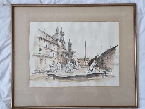 Fontana del Moro, Piazza Navona, Rome Italy, watercolor.