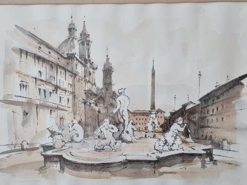 Fontana del Moro, Piazza Navona, Rome Italy, watercolor.
