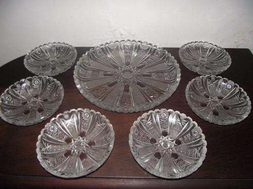 7 PIECE ROSE CUT LEAD CRYSTAL PLATTER AND 6 BOWLS