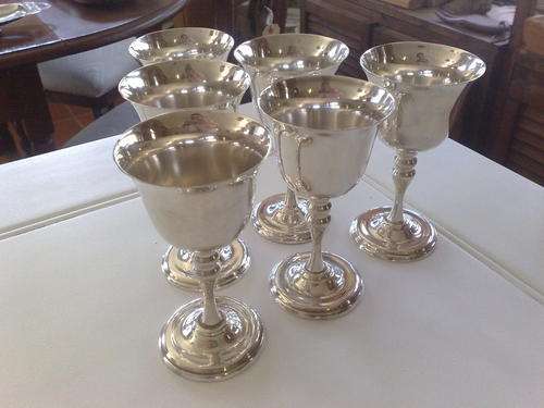 SET OF SIX SILVER PLATED WINE GOBLETS