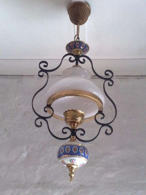 WROUGHT IRON PORCELAIN AND BRASS HANGING LANTERN