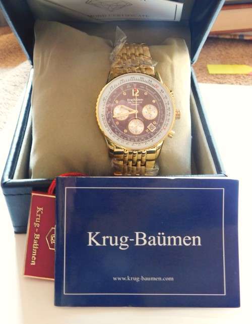 Gorgeous - NEW Krug-Baumen Men`s Air Traveller 42mm Watch ( 8 Diamonds & GOLD plated strap)