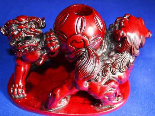 Red Resin Guardian Foo Dog Candle Holder