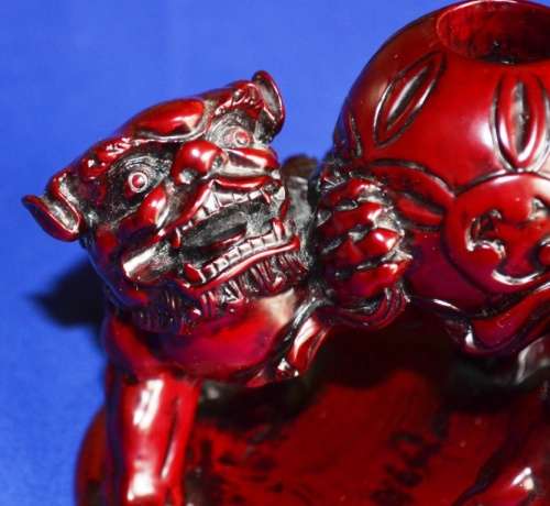 Red Resin Guardian Foo Dog Candle Holder