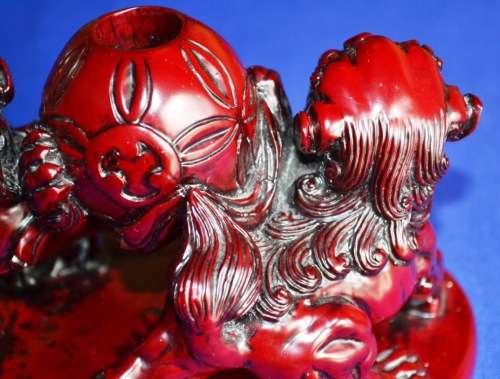 Red Resin Guardian Foo Dog Candle Holder