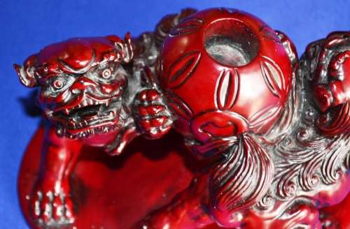 Red Resin Guardian Foo Dog Candle Holder