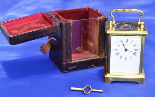 Antique 19th Century Gilt Carriage Clock with Leather Case