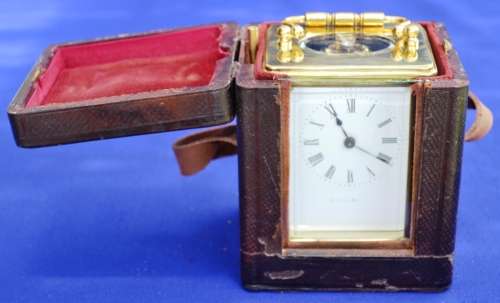 Antique 19th Century Gilt Carriage Clock with Leather Case