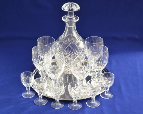 Webb Corbett Crystal Decanter &  Stuart Crystal Glasses on Silver Plate Drinks Tray - 14 Pieces