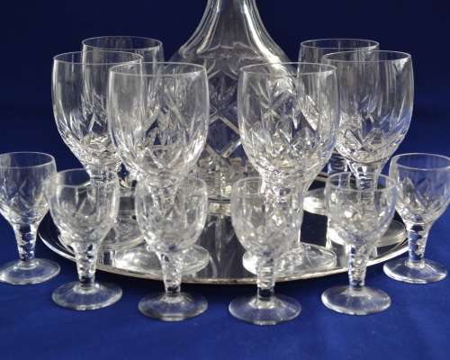 Webb Corbett Crystal Decanter &  Stuart Crystal Glasses on Silver Plate Drinks Tray - 14 Pieces