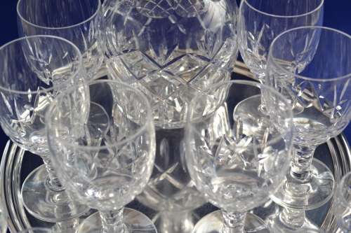 Webb Corbett Crystal Decanter &  Stuart Crystal Glasses on Silver Plate Drinks Tray - 14 Pieces