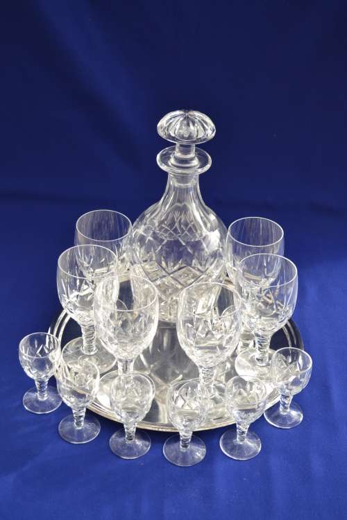Webb Corbett Crystal Decanter &  Stuart Crystal Glasses on Silver Plate Drinks Tray - 14 Pieces