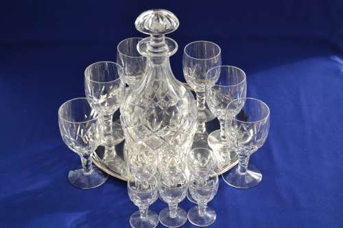 Webb Corbett Crystal Decanter &  Stuart Crystal Glasses on Silver Plate Drinks Tray - 14 Pieces