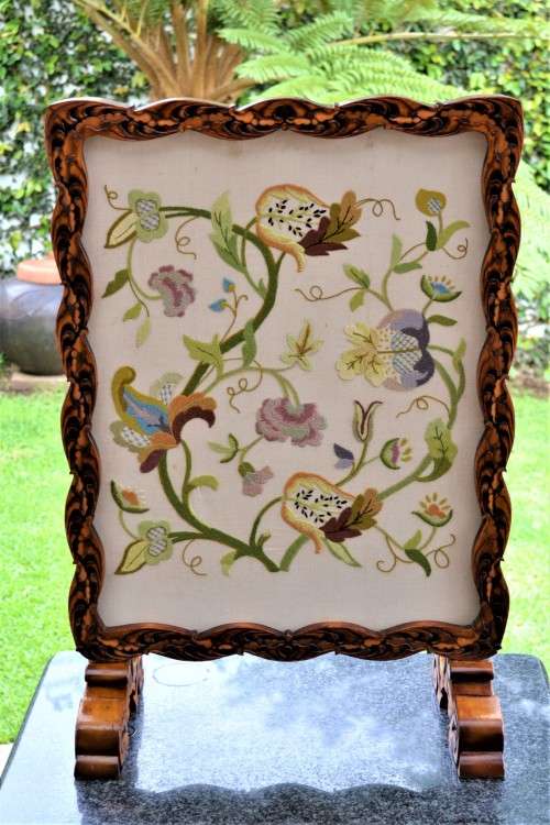 Antique Needlepoint Fire Screen - Carved Frame