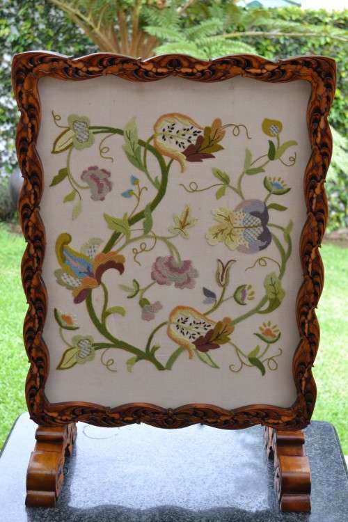 Antique Needlepoint Fire Screen - Carved Frame