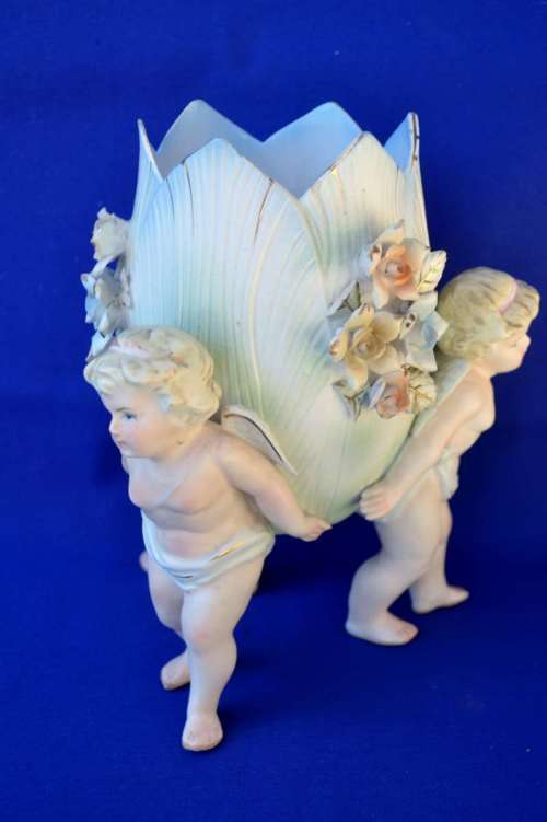 Vintage Bisque Porcelain Three Cherub and Floral Vase