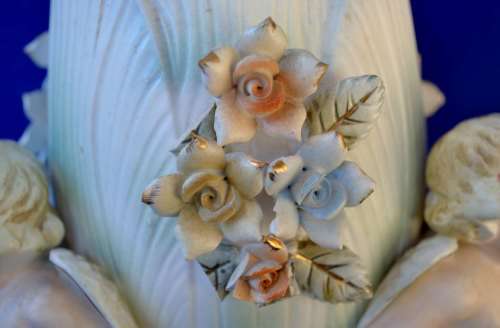 Vintage Bisque Porcelain Three Cherub and Floral Vase